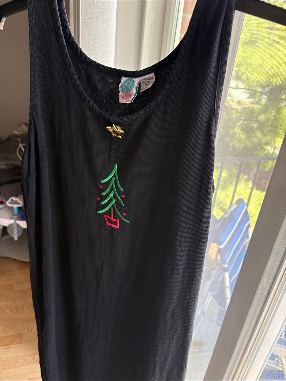Vintage WEK Women Black Sleeveless Tank Dress with Embroidered Green Tree